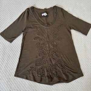 Anthropologie Embroidered Olive Green Women's Top, Size XS